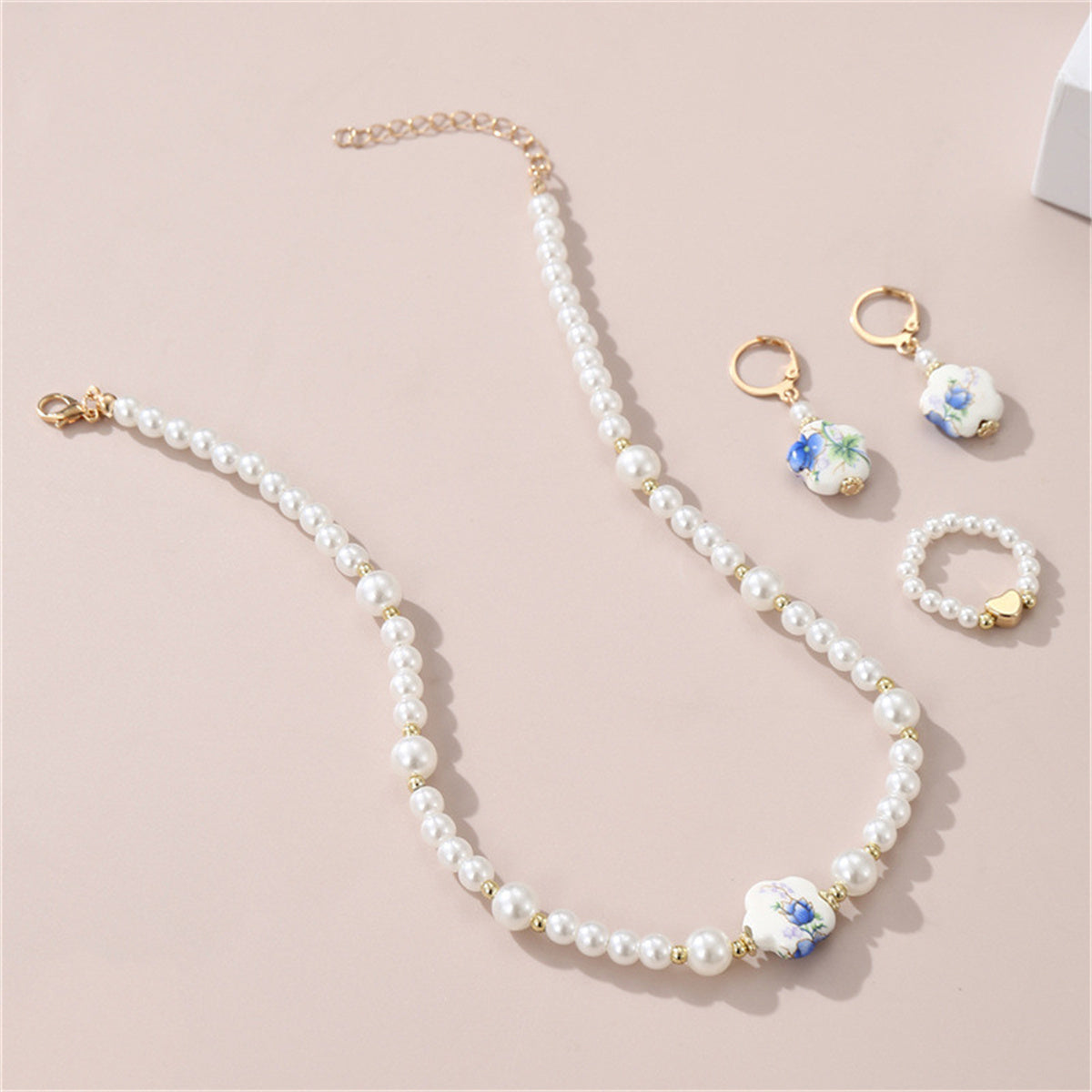 Children's 3-piece elegant temperament printed ceramic plum blossom shaped pearl jewelry set