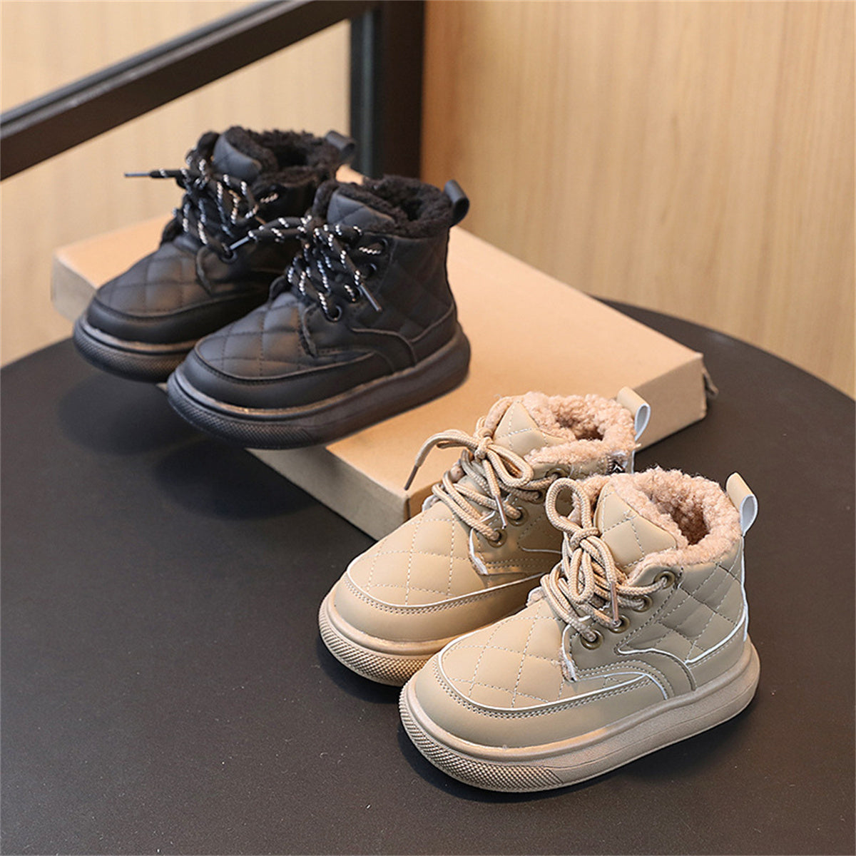 Children's girls' solid color simple British style warm plus velvet fashionable waterproof non-slip high top cotton shoes