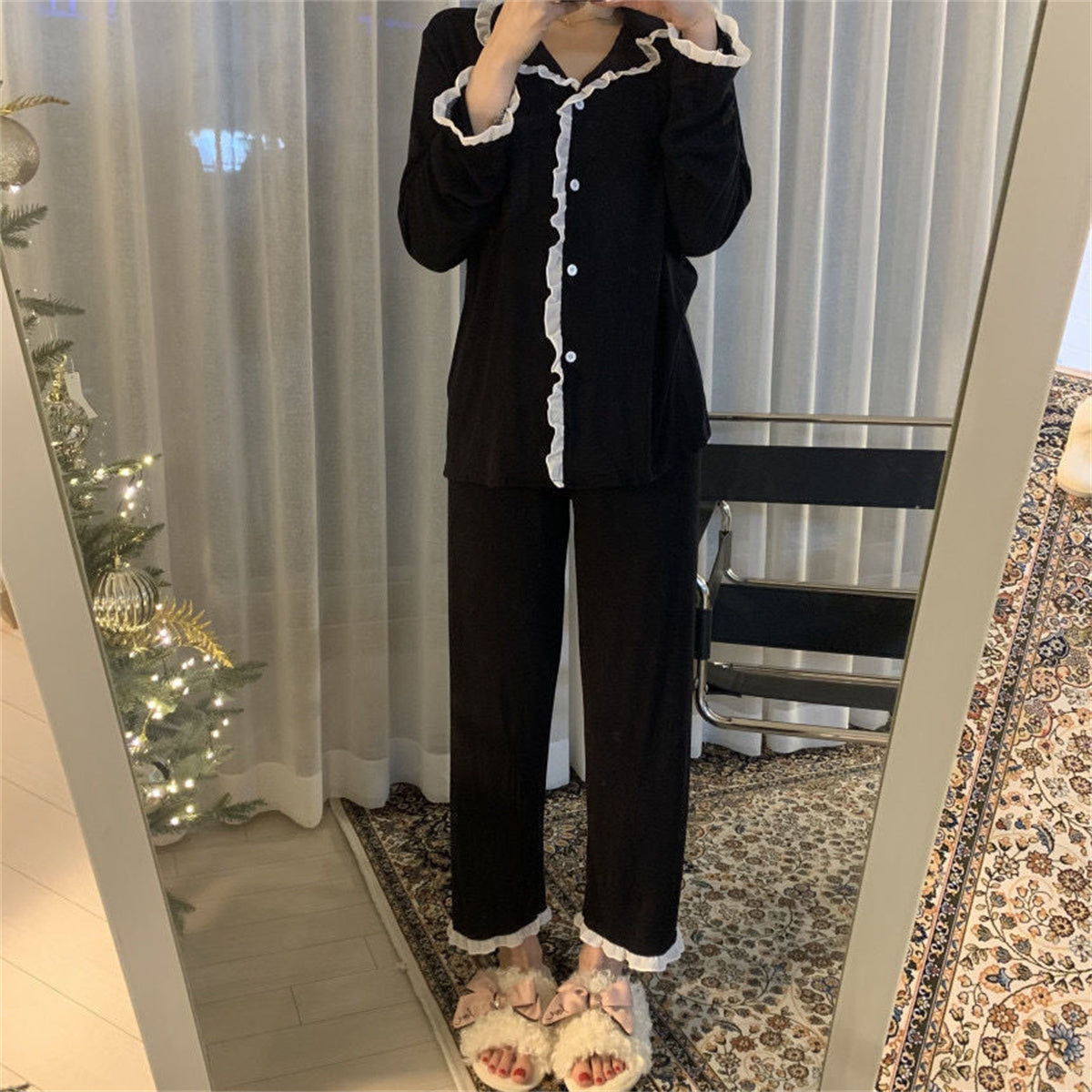 Women's 2-piece ruffled long-sleeved pajama set