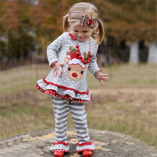 Christmas Girls Long Sleeve Elk Top + Striped Pants Set