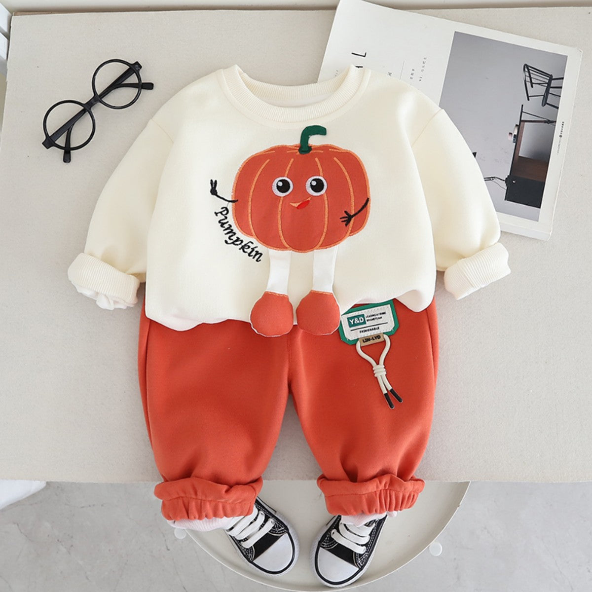 Boys' new style cartoon pumpkin children's clothes spring and autumn fashionable all-match sweater two-piece warm children's clothing