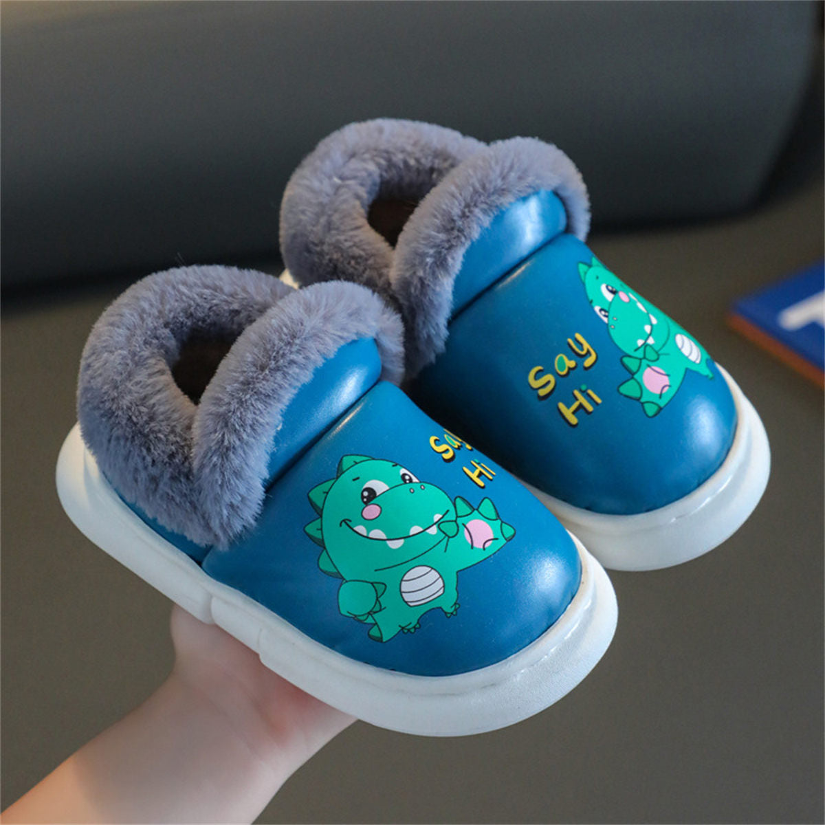 Children's boy's dinosaur waterproof warm plush home shoes with closed toe cotton slippers