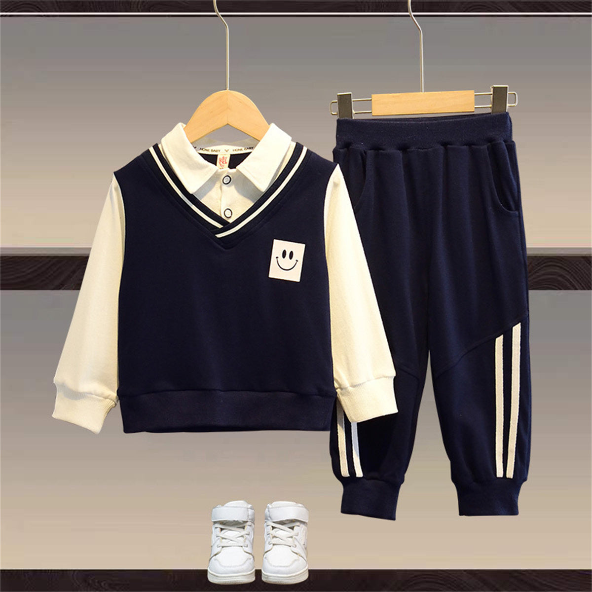 New autumn sports two-piece suit for middle and large children in solid colors