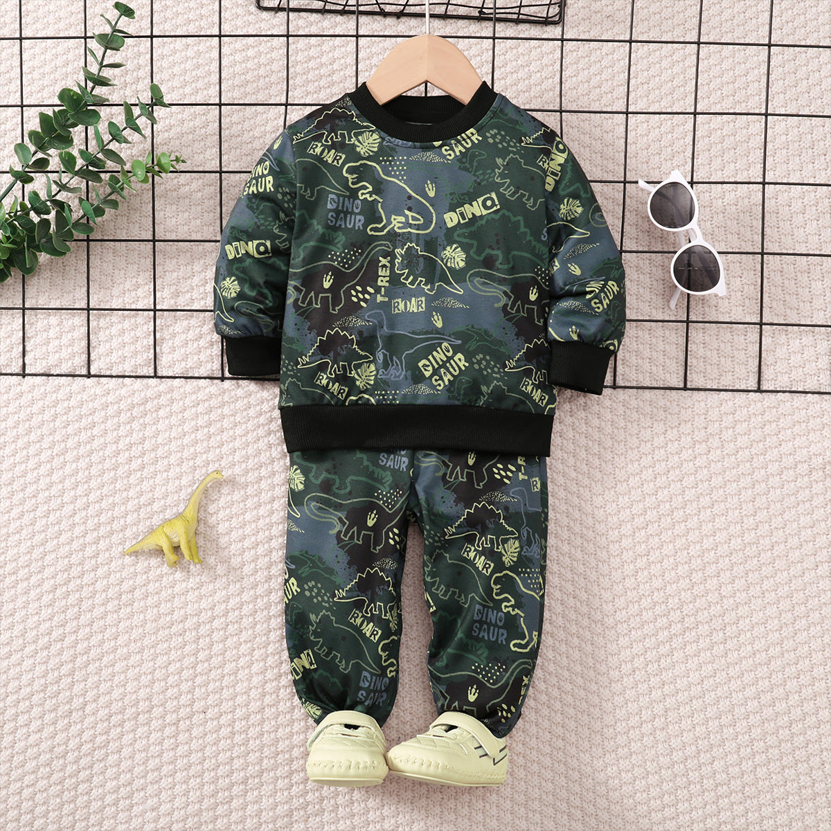 Baby boy's dinosaur print sweatshirt set