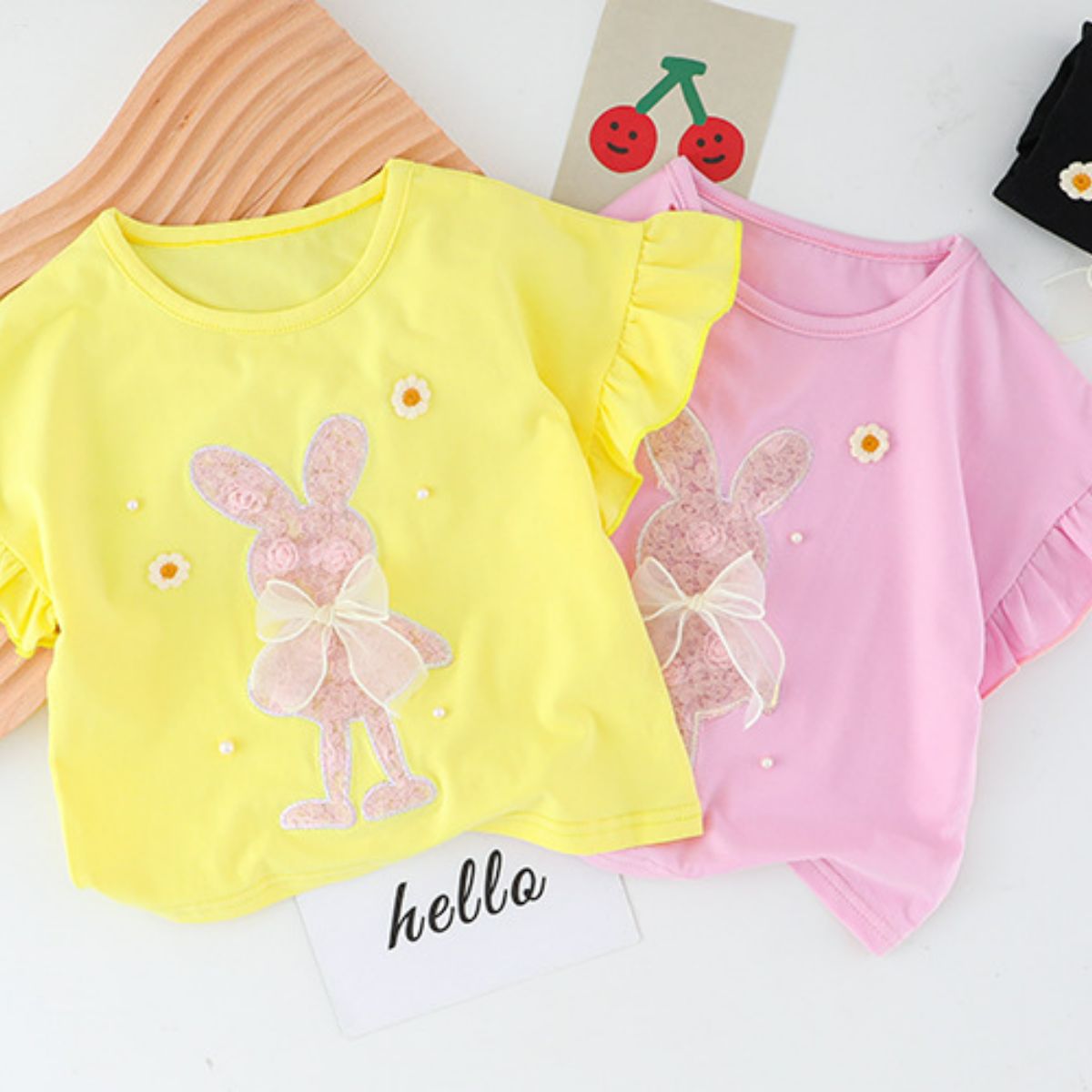 Summer short-sleeved children's clothing with cute cartoon bunny applique embroidery