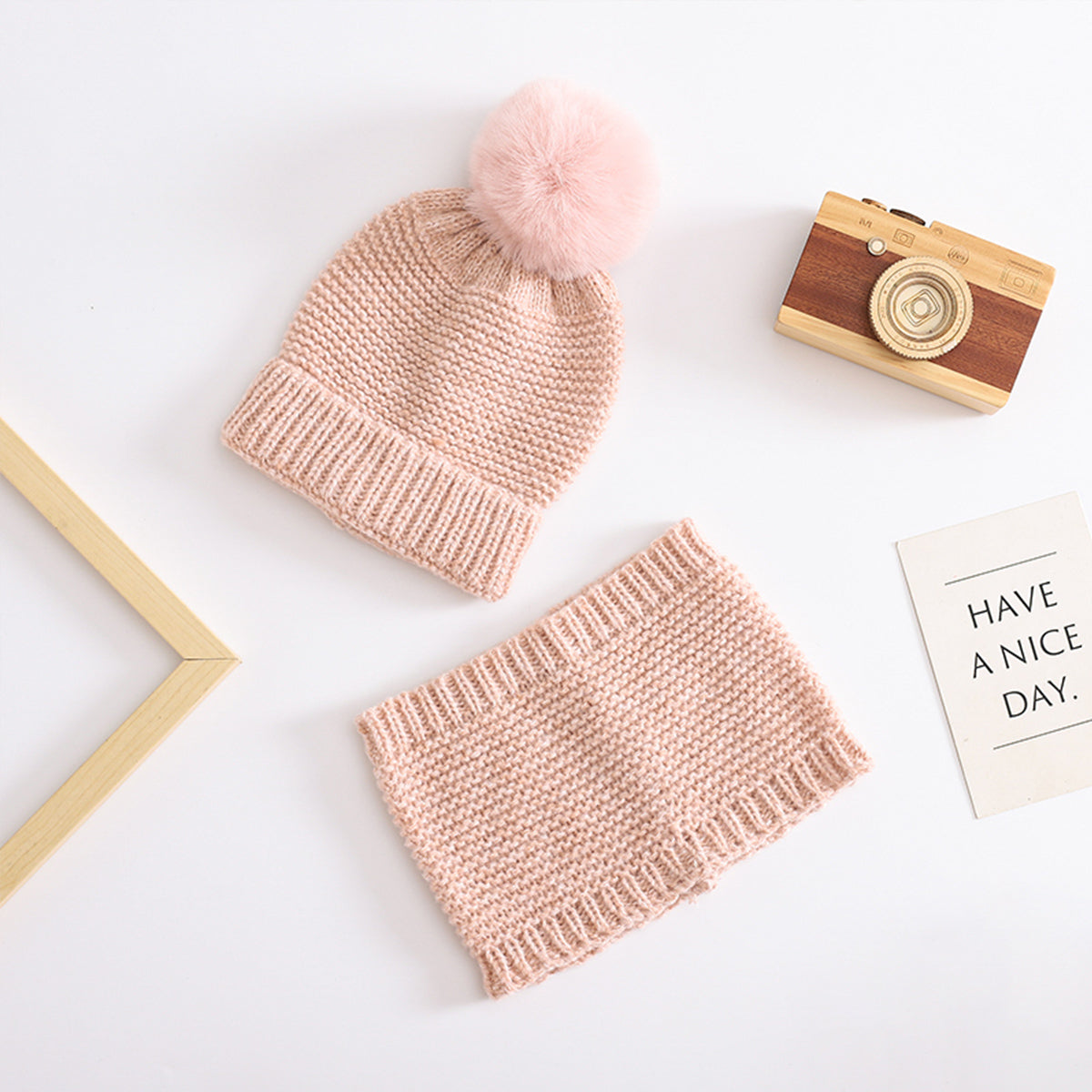 Children's fur ball hat and neck set