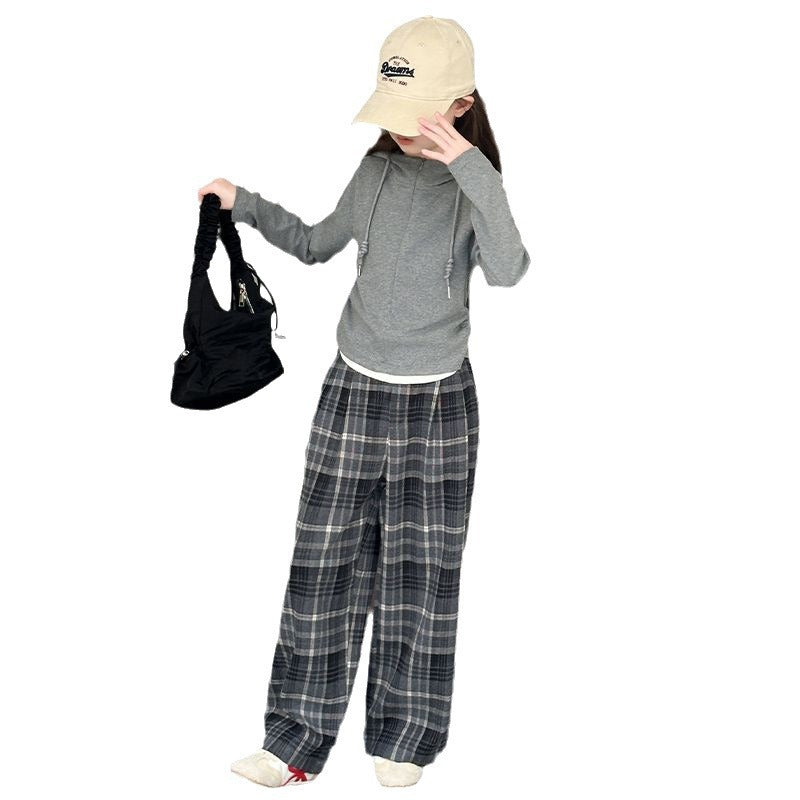 Solid Color Sweatshirt Casual Sports 2-Piece Set Plaid Trousers