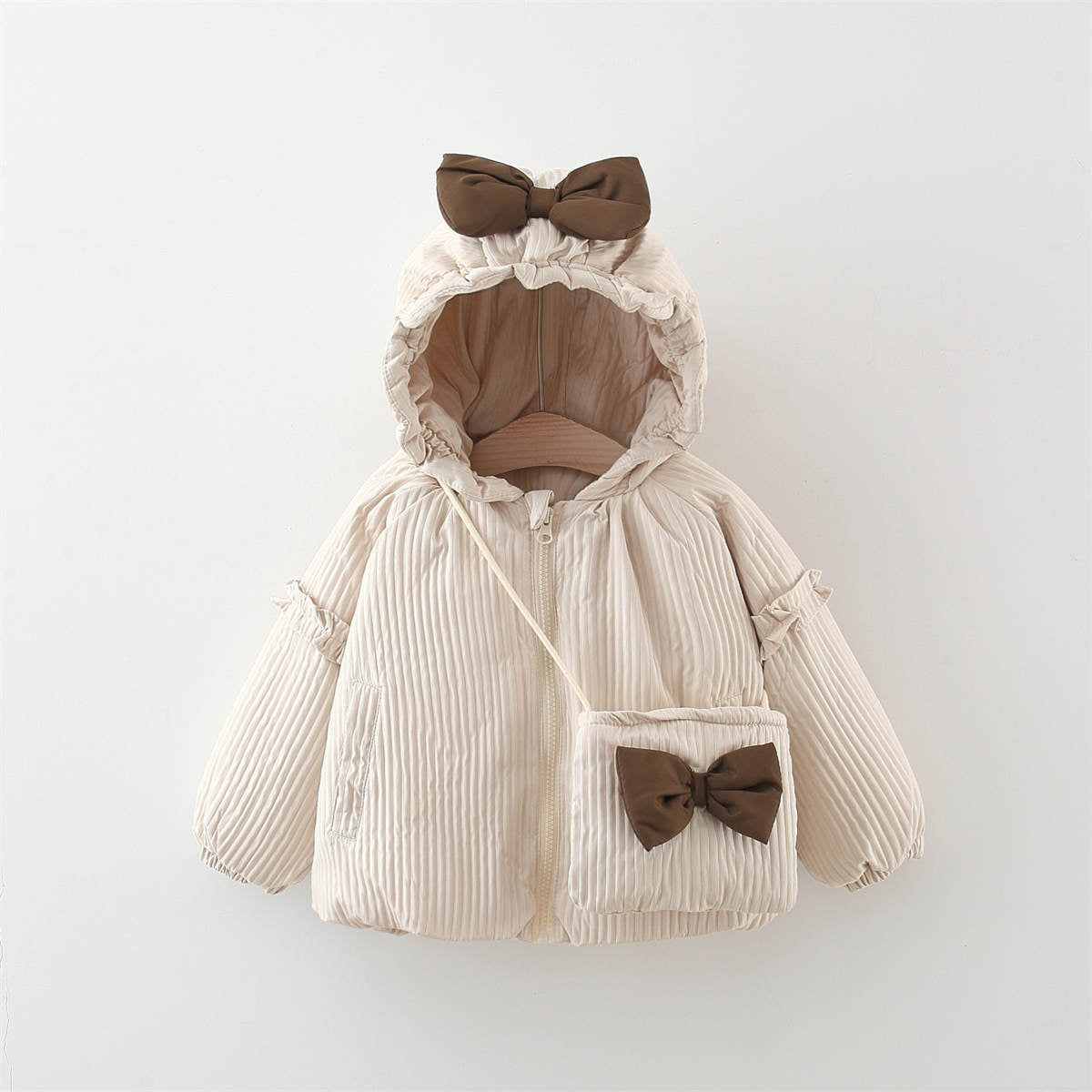 Girls winter solid color bow cotton coat