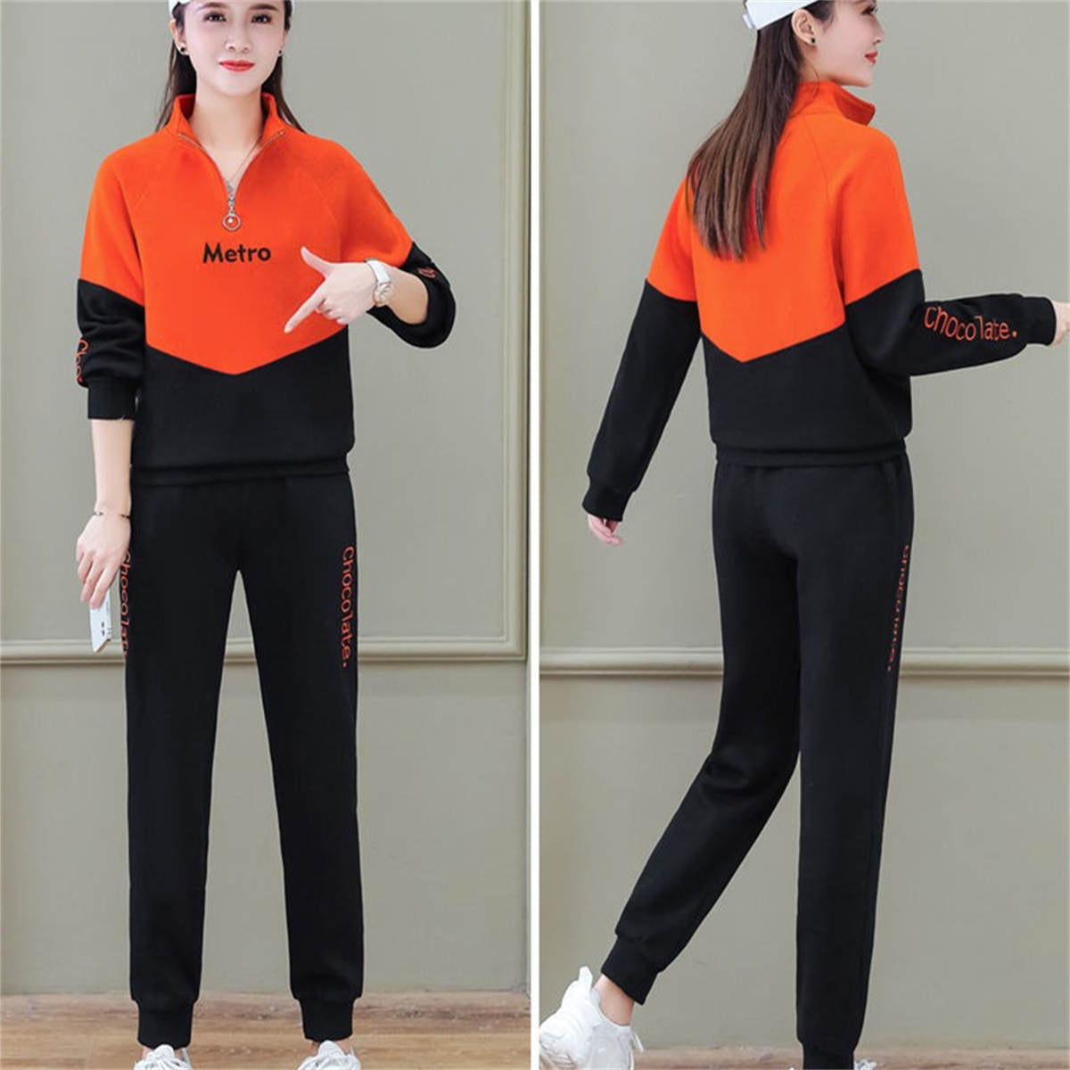 Women's sports large size stand collar sweatshirt suit