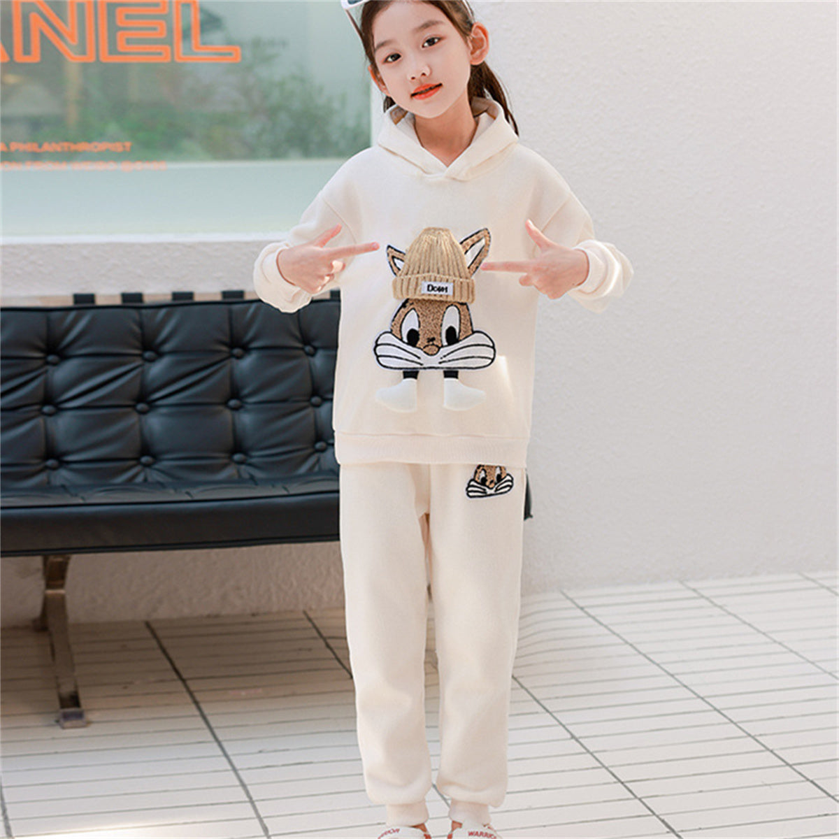 Girls autumn and winter three-piece suits plus velvet and thick sports casual style cute pattern multi-piece suit