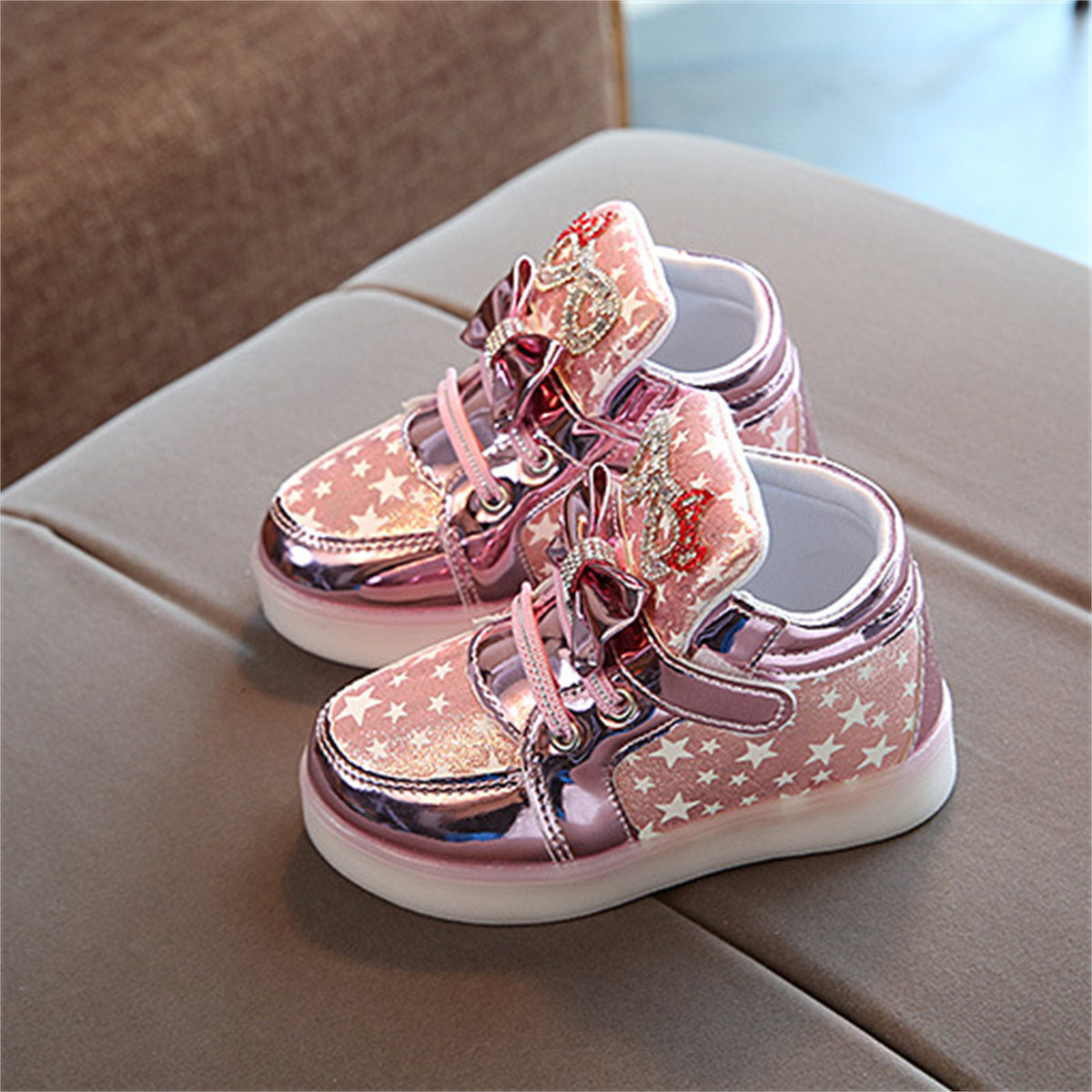 Cute and elegant bow-knot glittering LED high-top sneakers for little girls