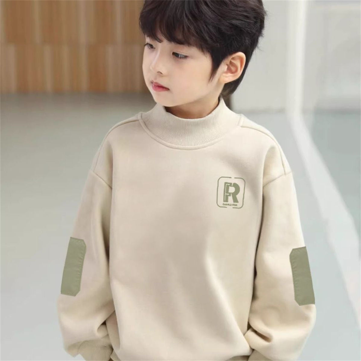 Winter plus velvet fashionable letter casual color matching style bottoming shirt for middle and large boys