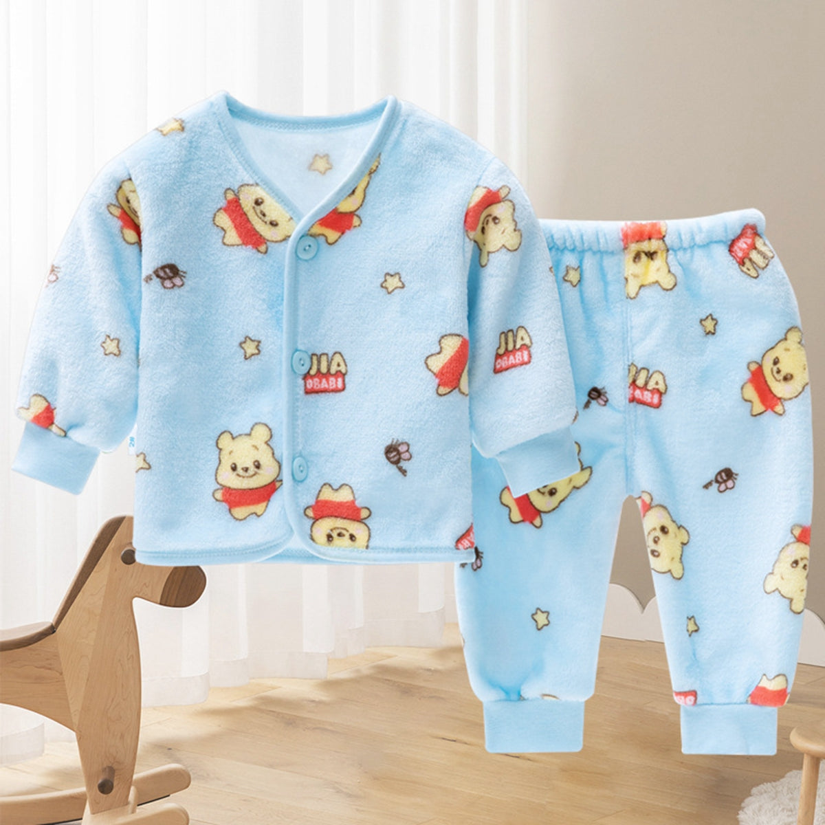 2 Pieces Baby Clothes Warm Flannel Cute Pentagram Bear Pattern Pajamas Set for Autumn and Winter