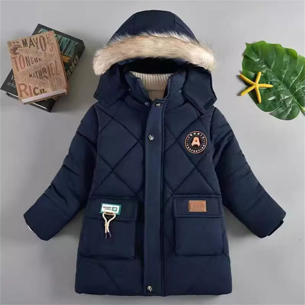 Winter thickened warm simple solid color short cotton coat for middle and large boys