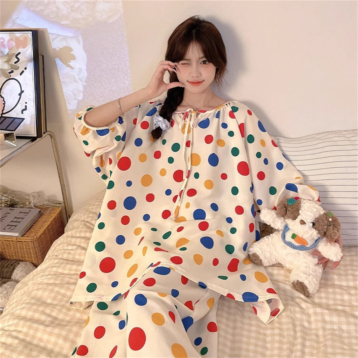 Colorful polka dot loose pajamas and home wear set