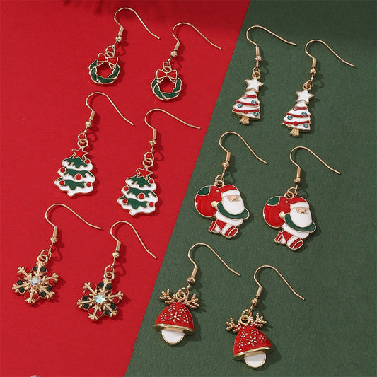 Women's 6-Pair Christmas Snowflake Pine Tree Cartoon Oil Drop Old Man Christmas Party Earrings