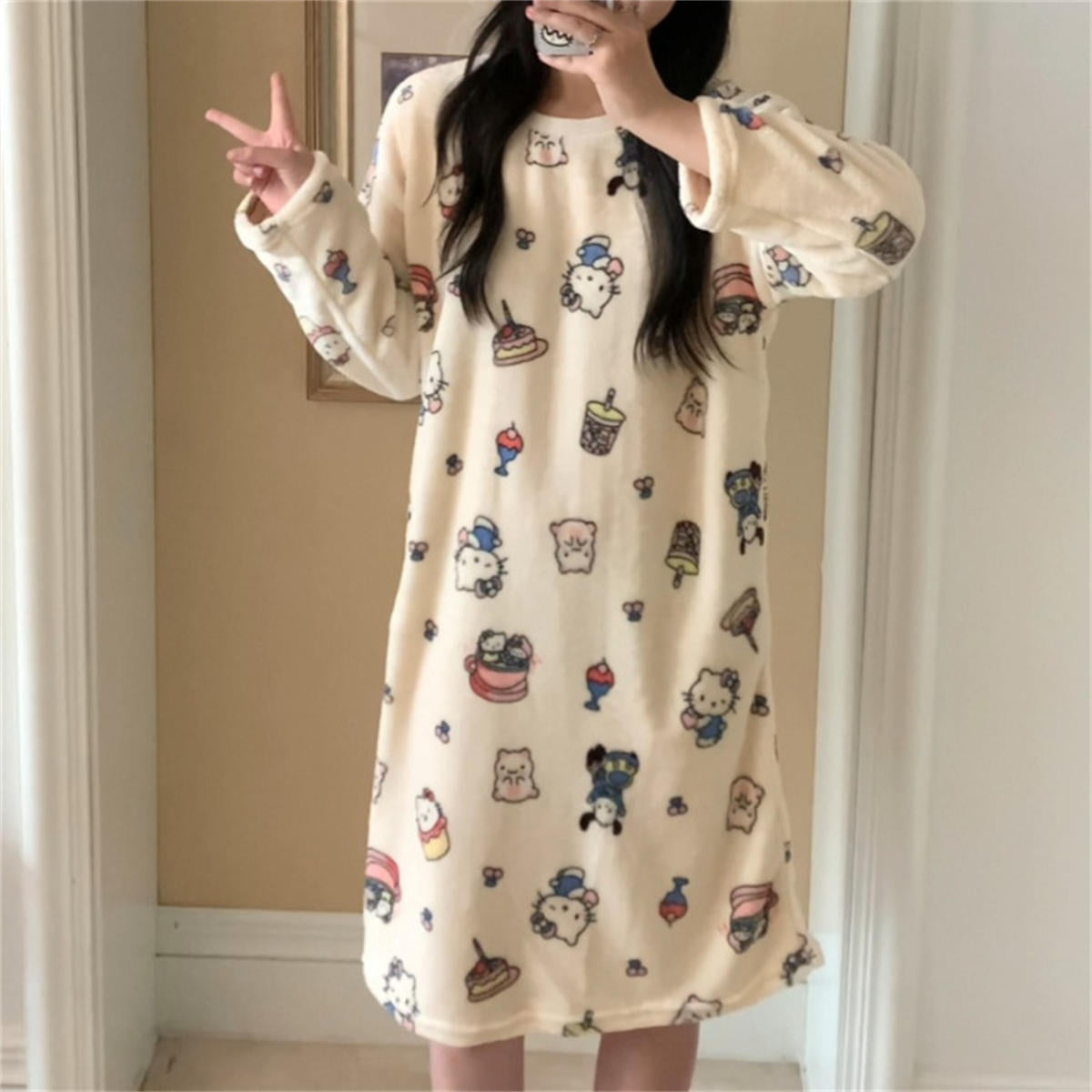 Striped flannel nightdress women's autumn and winter long sleeve home dress