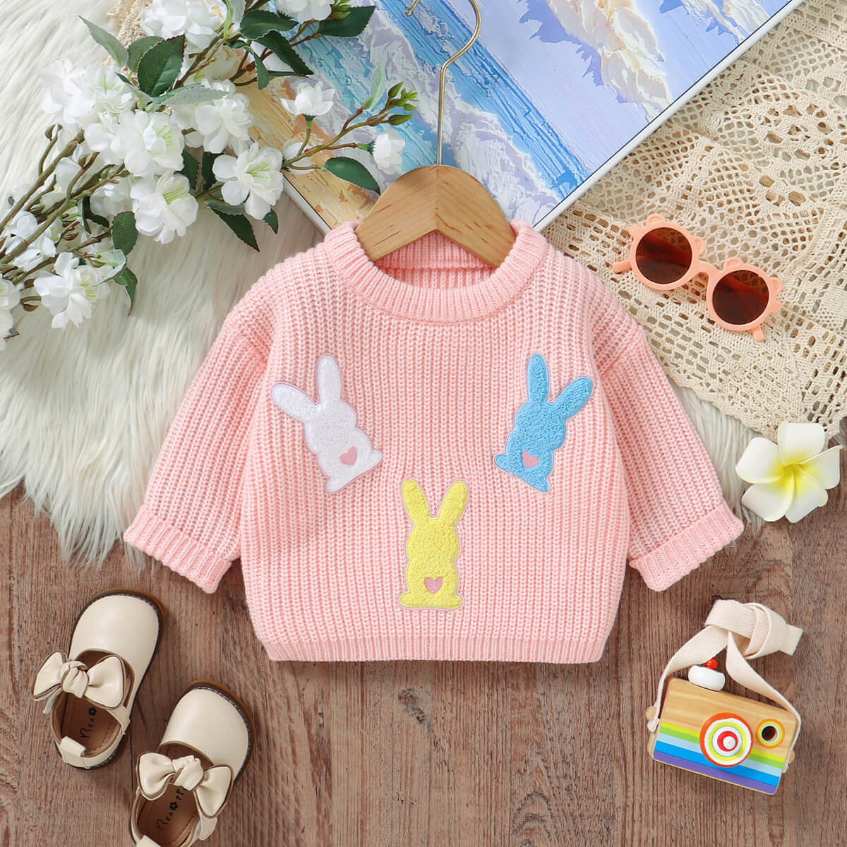 Baby knitted cute bunny patch embroidered top pullover sweater