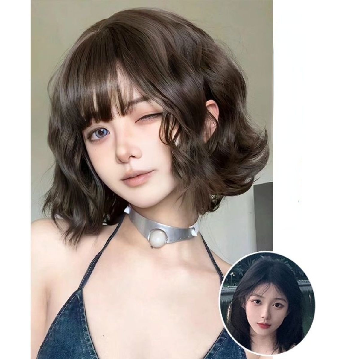 Wig short curly hair female air bangs full head set fashion lazy wool curly short hair full head wig set