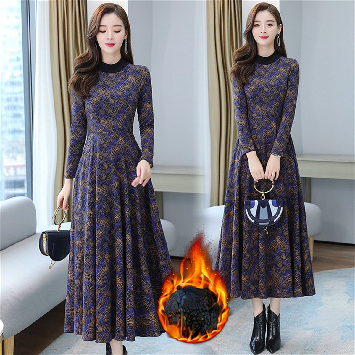 Warm mother's velvet dress knee-length dress