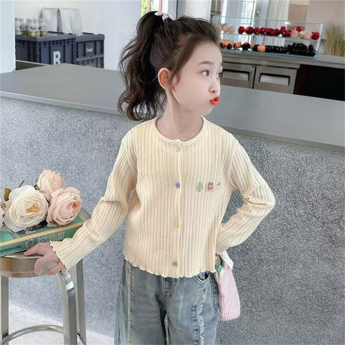 Versatile Colorful Button Girls Knitted Sweater Knitted Top