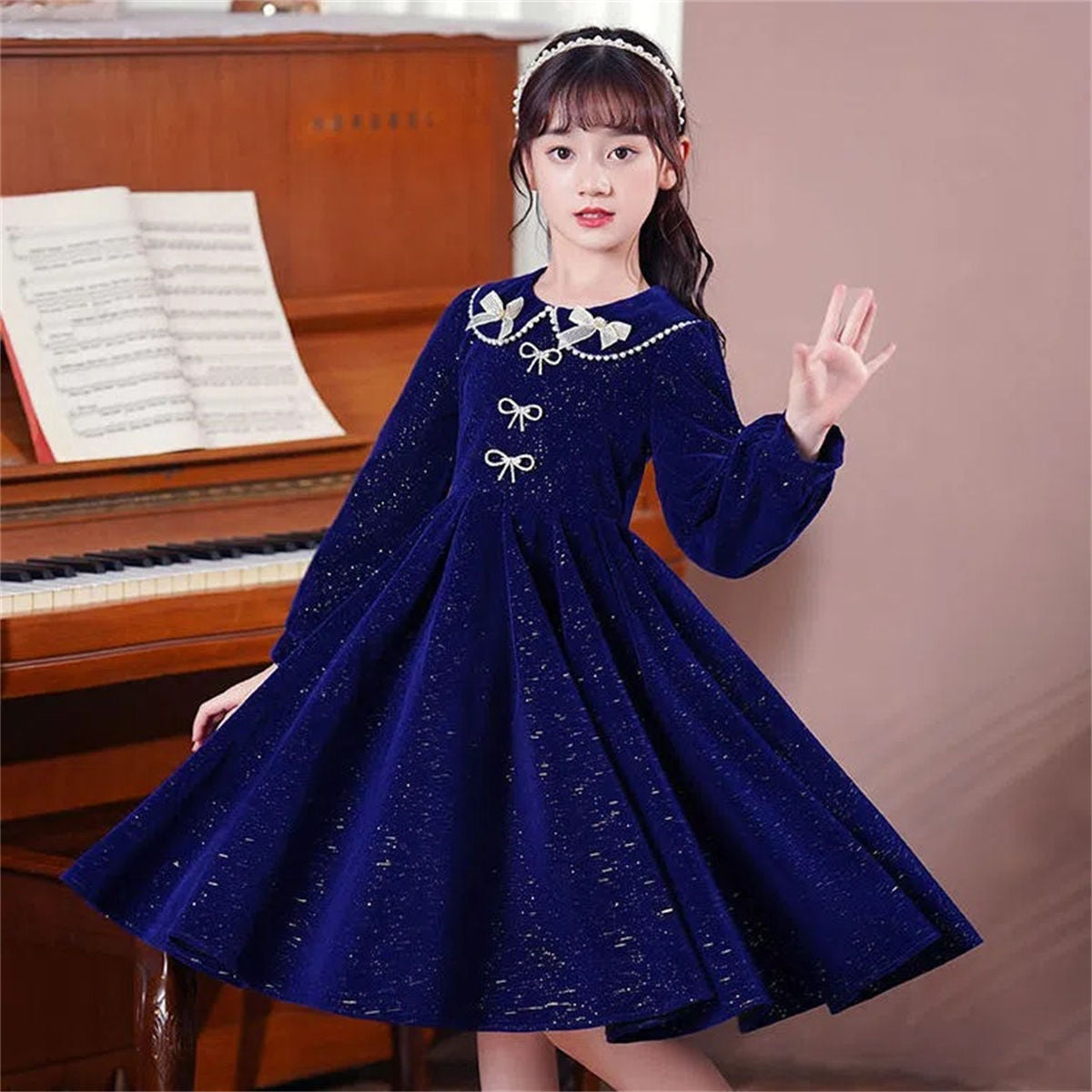 Winter solid color exquisite lady style shiny bow long sleeve dress for middle and large children girls