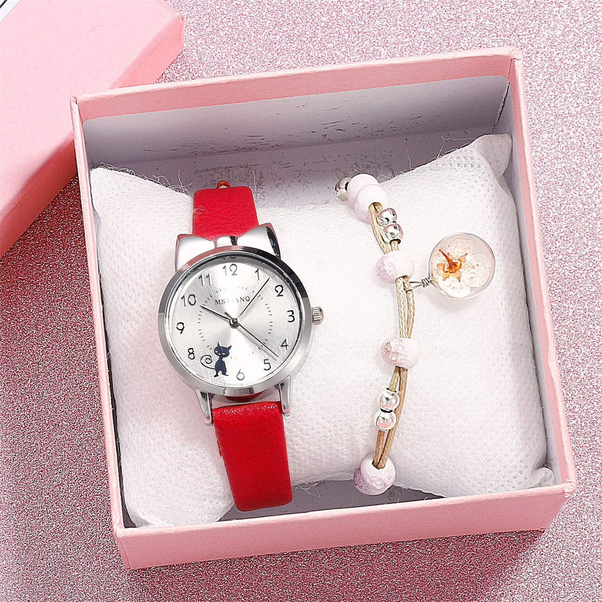 Children Girls 2-piece Set Cute Lady Style Cartoon Cat Moon Bracelet Watch