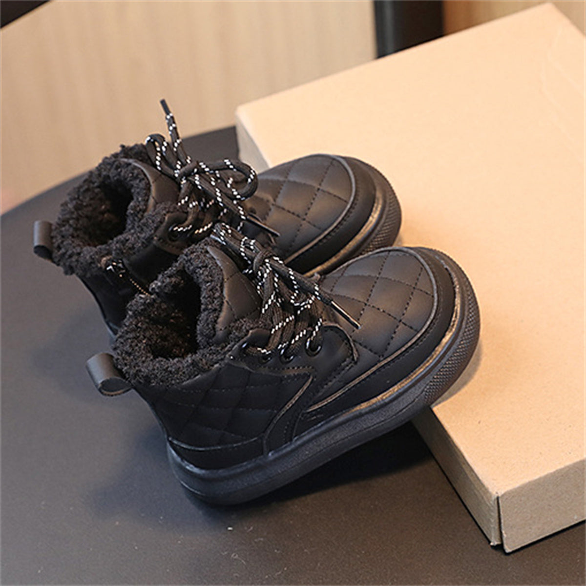 Children's girls' solid color simple British style warm plus velvet fashionable waterproof non-slip high top cotton shoes