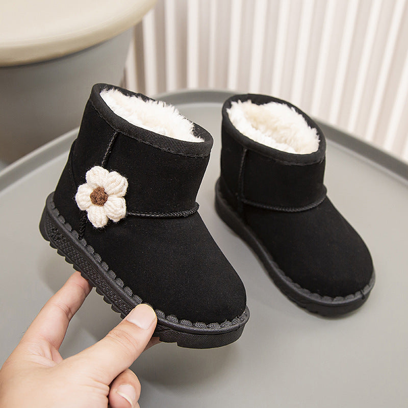 Winter solid color simple flower style warm casual snow boots high top cotton shoes for middle and large children girls