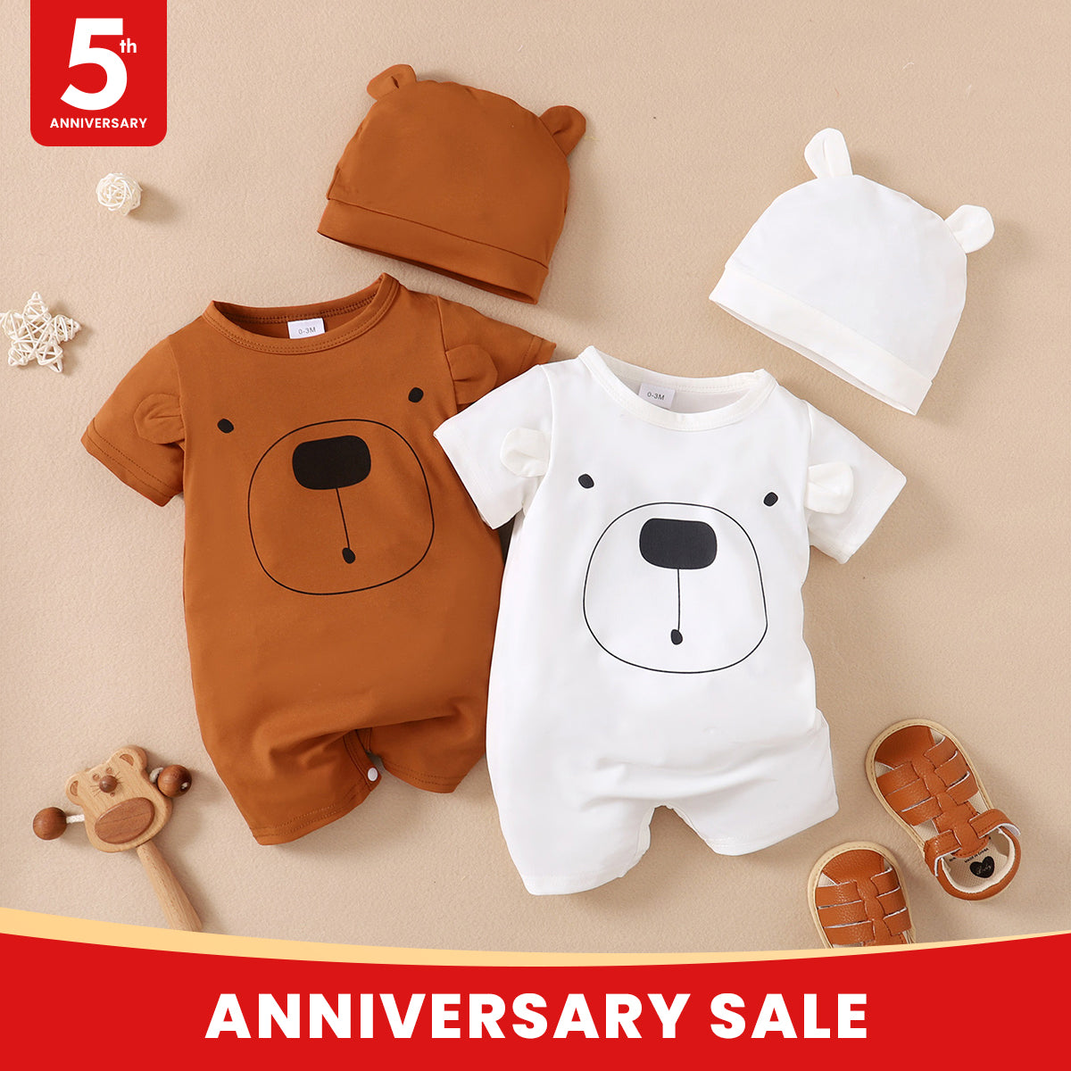 Baby Boy Bear Printed Short-sleeve Bodysuit With Hat