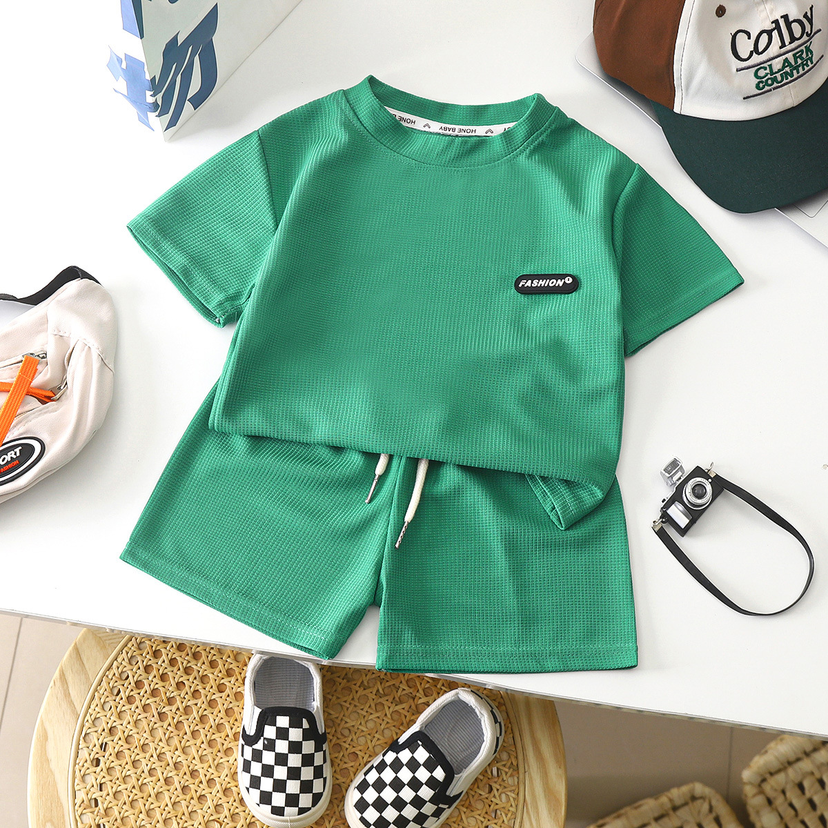 New style children's clothing summer children's leisure suit loose clothes boys short-sleeved waffle baby summer