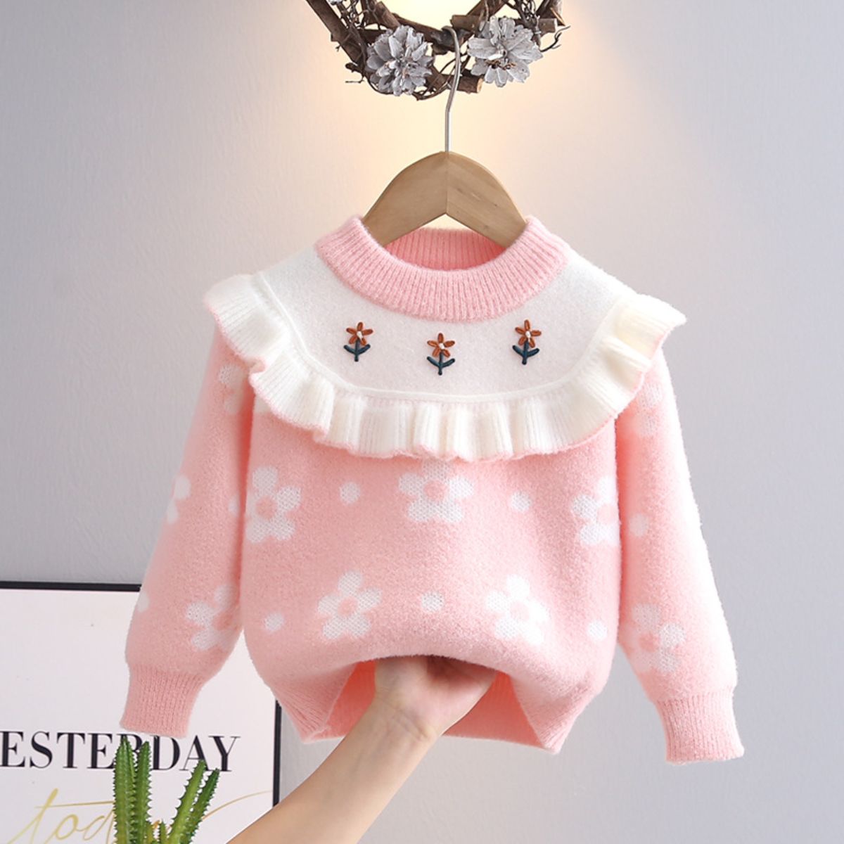 Girls sweater knitted sweater spring and autumn new style children's clothing coat small flower baby princess top