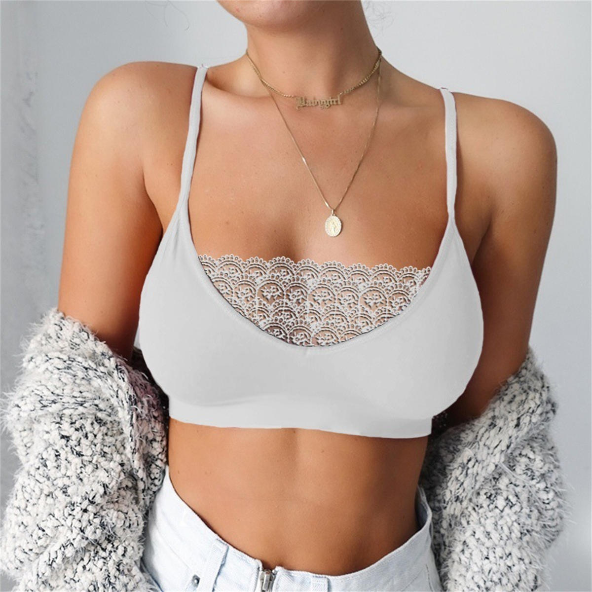 Women's solid color lace suspender bra underwear