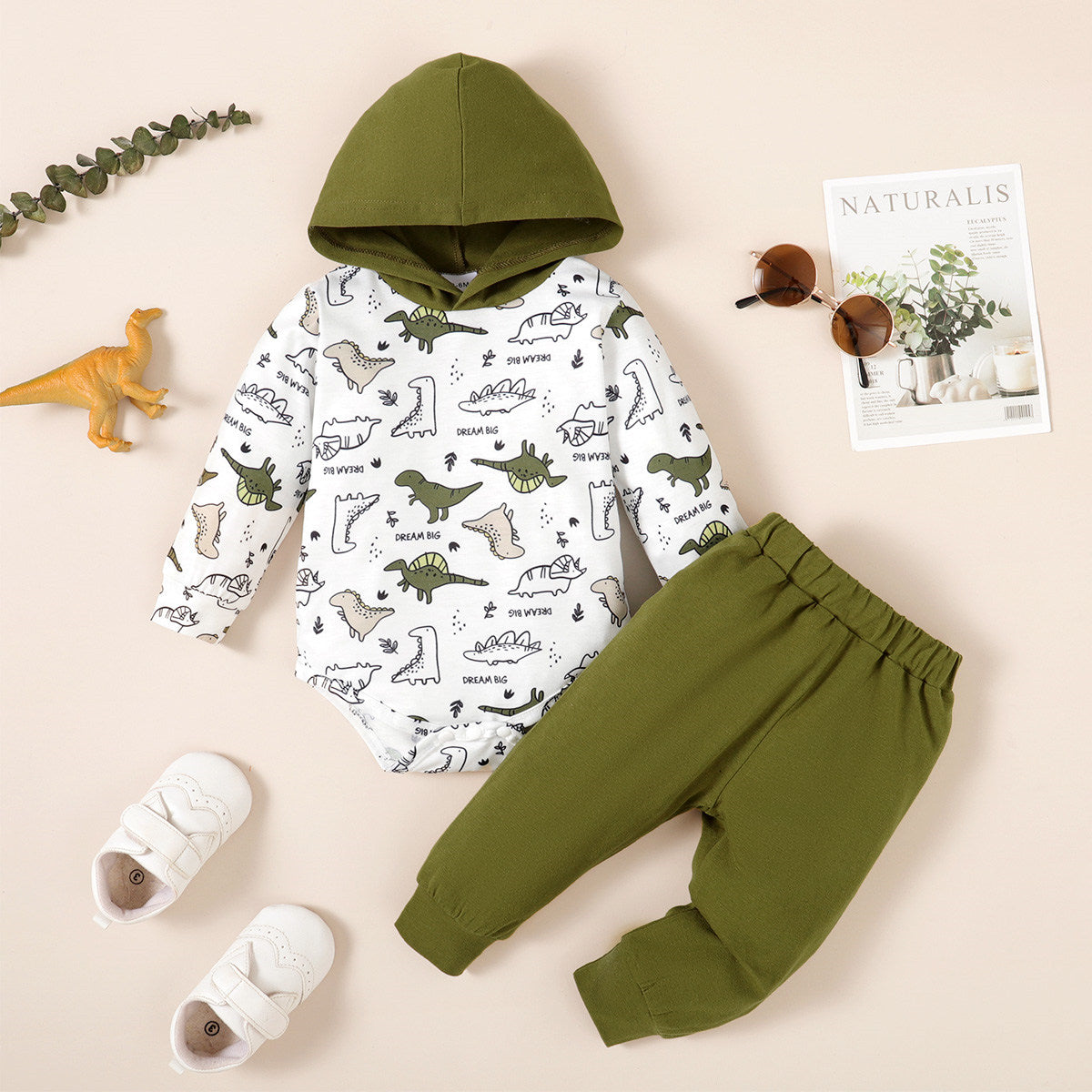 Baby Boy 2 Pieces Dinosaur Printed Long-sleeve Hooded Bodysuit & Pants