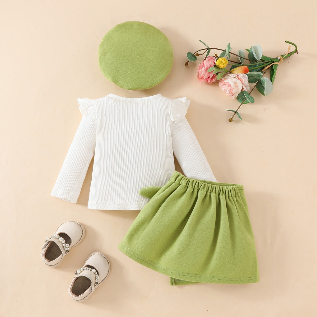 Toddler Girl Fashion Big Bow Ribbon Fabric Top + Tweed Fabric Skirt + Beret Three-piece Set