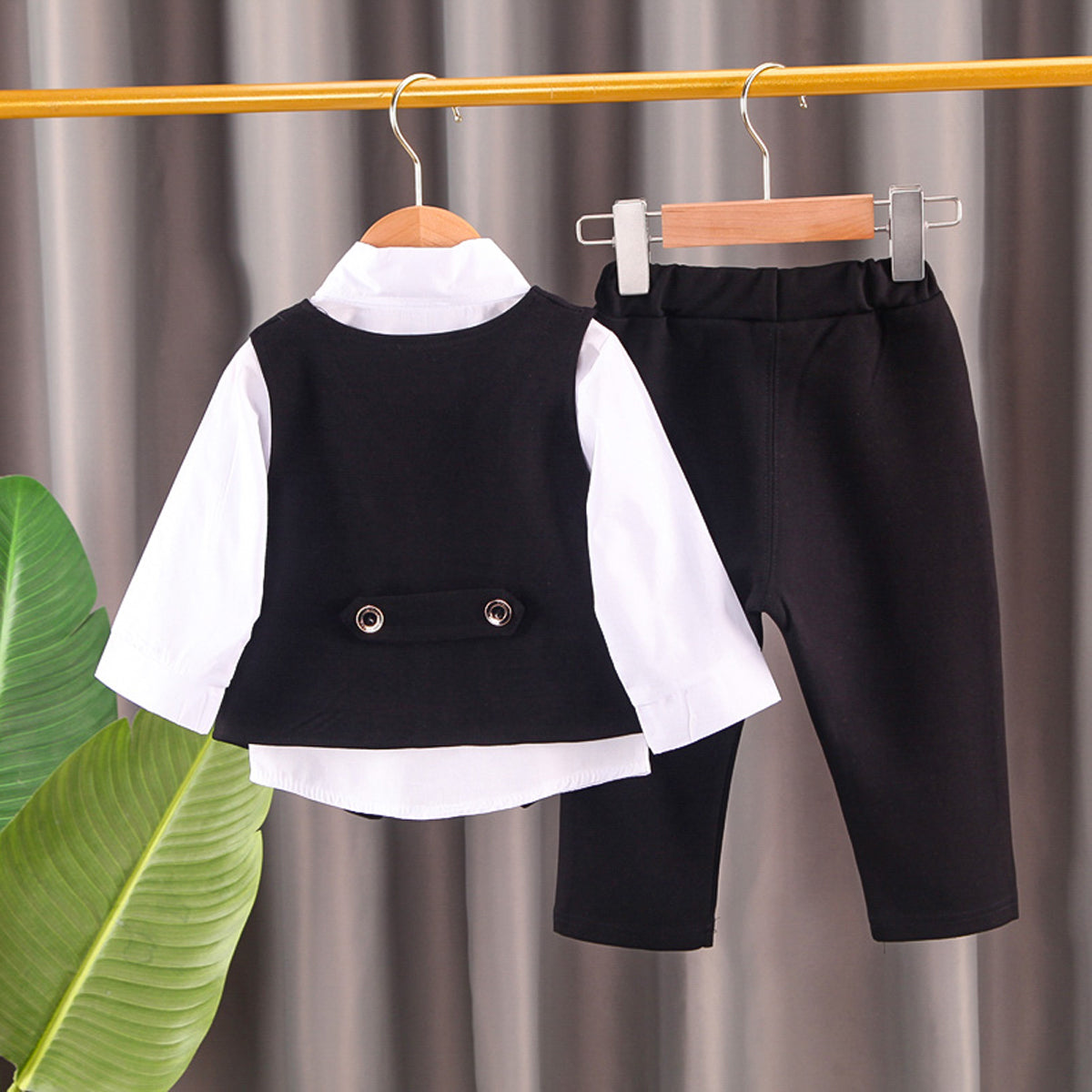 5-piece Toddler Boy Long Sleeve Shirt & Solid Color Button-up Vest & Matching Pants With Tie