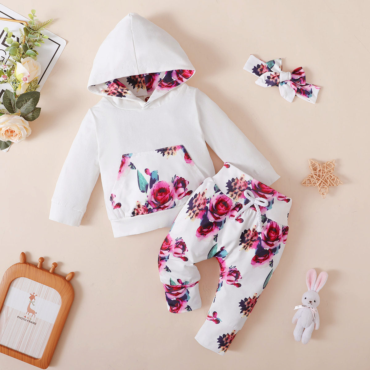 Baby Floral Printed Long-sleeve Hoodie & Pants With Headband