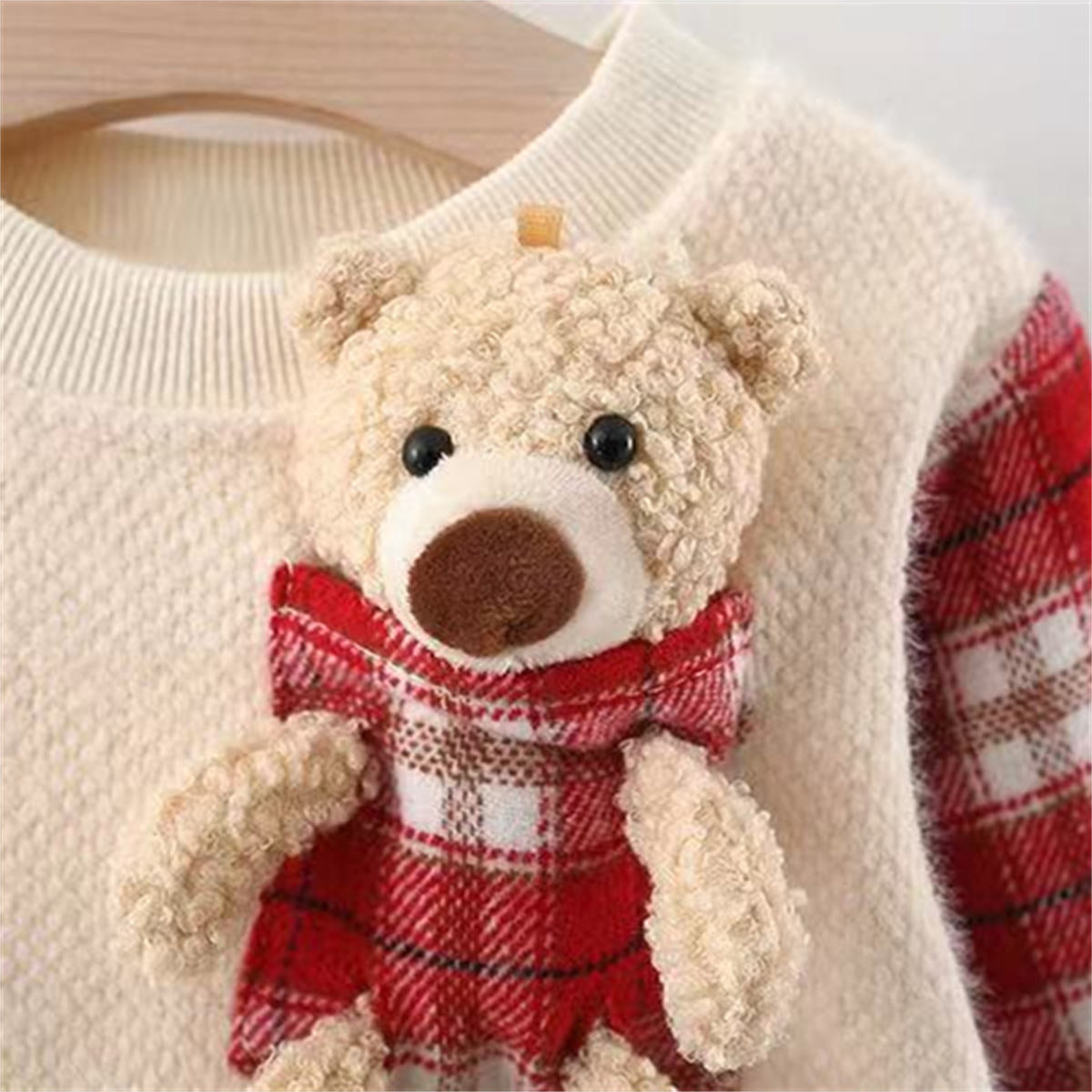 Winter Thickened Girls Plaid Bear Fake Two-piece Long Sleeve Dress