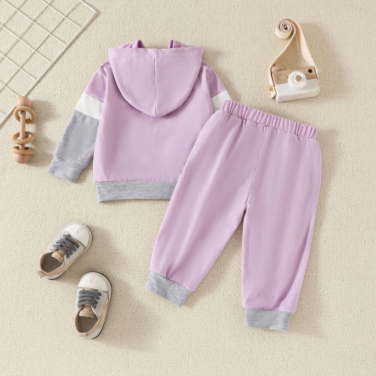 Baby girl spring and autumn casual sports style splicing long-sleeved hooded sweatshirt + long pants two-piece set