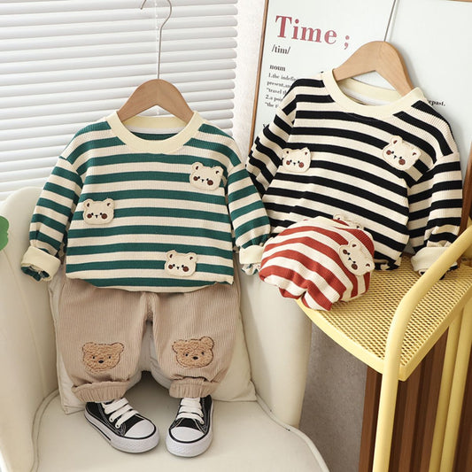 Boys spring and autumn suits new style infant children's clothing autumn style baby boy striped long-sleeved two-piece suit