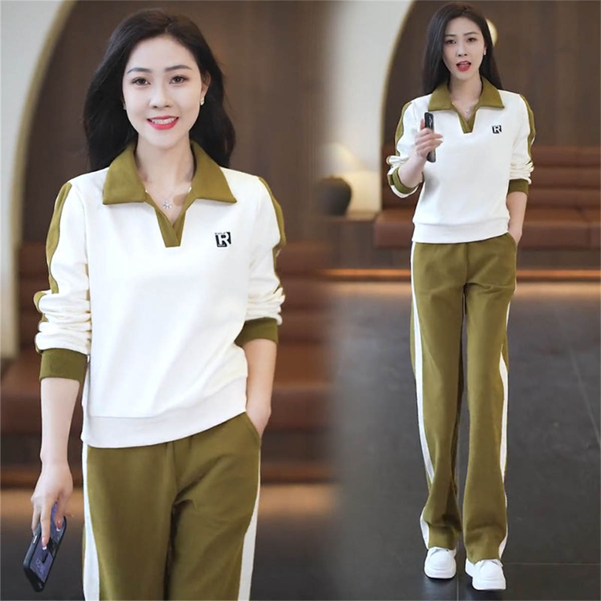 Women's simple lapel sweatshirt + sweatpants two-piece set