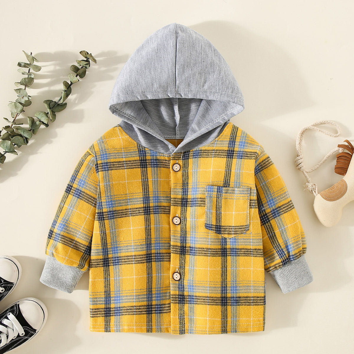 Children's spring and autumn shirts, children's clothing, boys' hooded plaid shirts, girls' baby long-sleeved plaid bottoming coats and tops