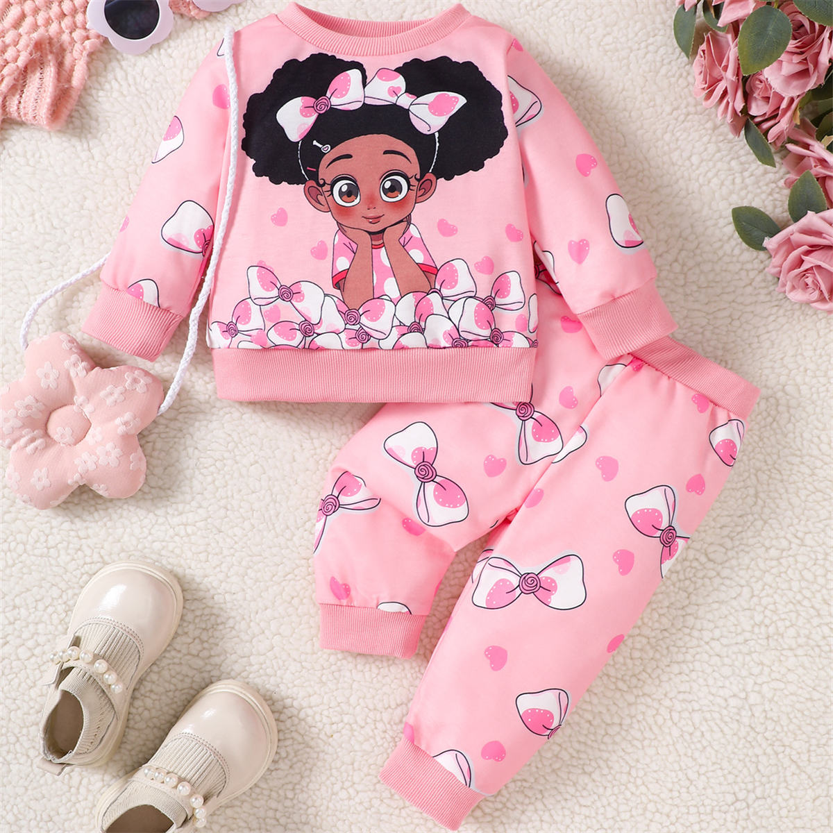 Baby Girl Cartoon Character Bow Heat Transfer Sweatshirt + Bow Print Sweatpants