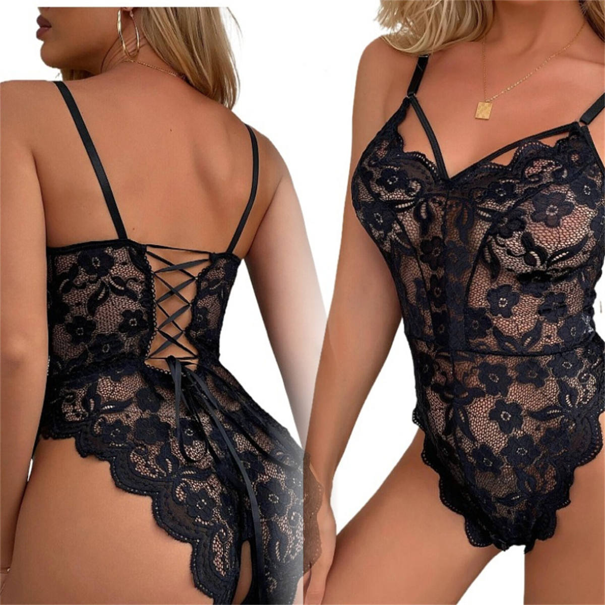 Lace suspenders open crotch see-through backless sexy lingerie