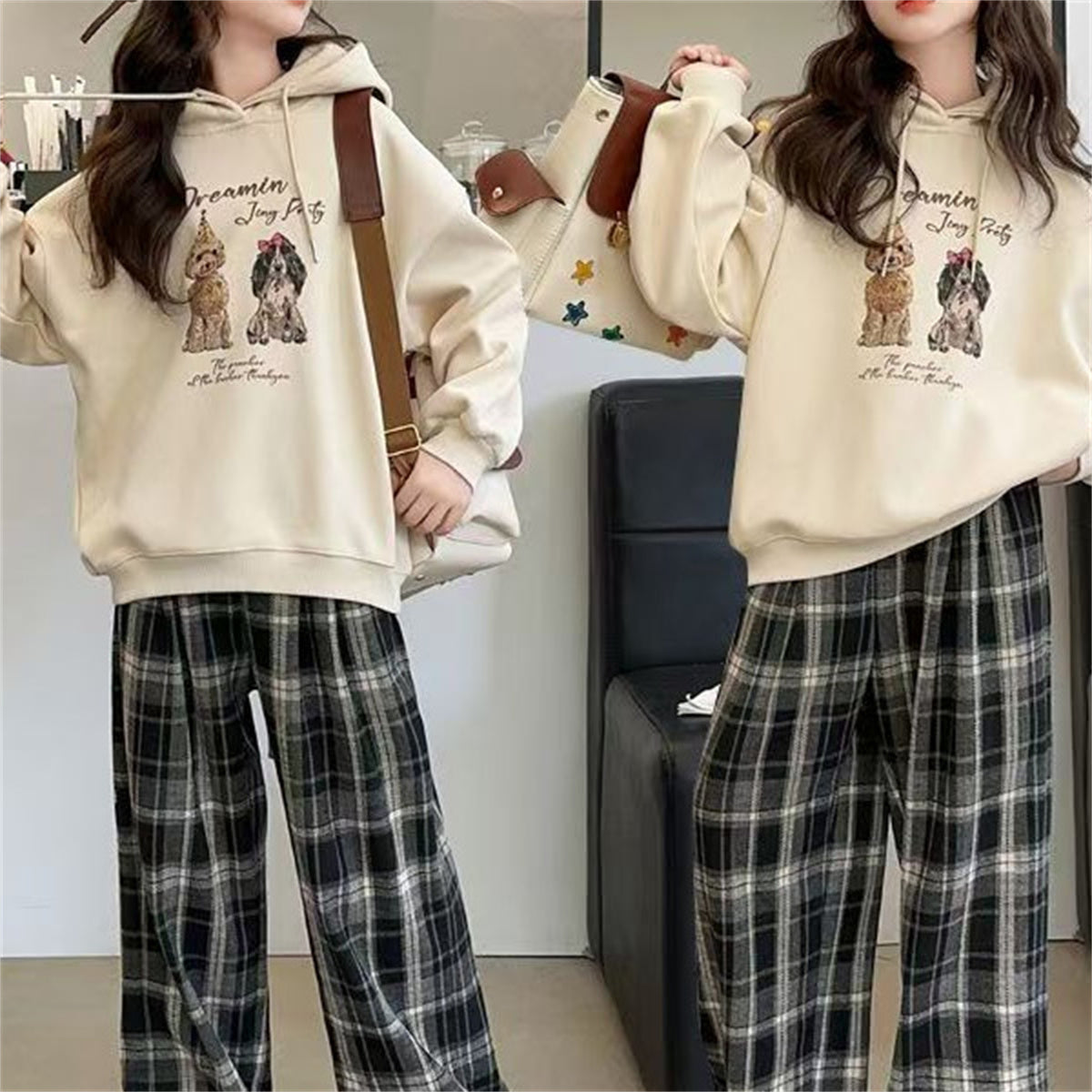 Medium and large children's letter casual plaid versatile two-piece suit