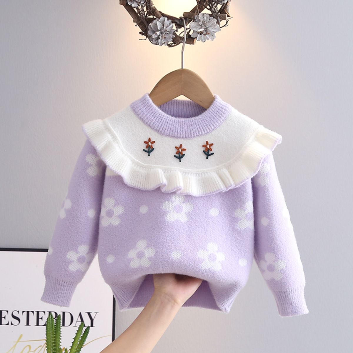 Girls sweater knitted sweater spring and autumn new style children's clothing coat small flower baby princess top