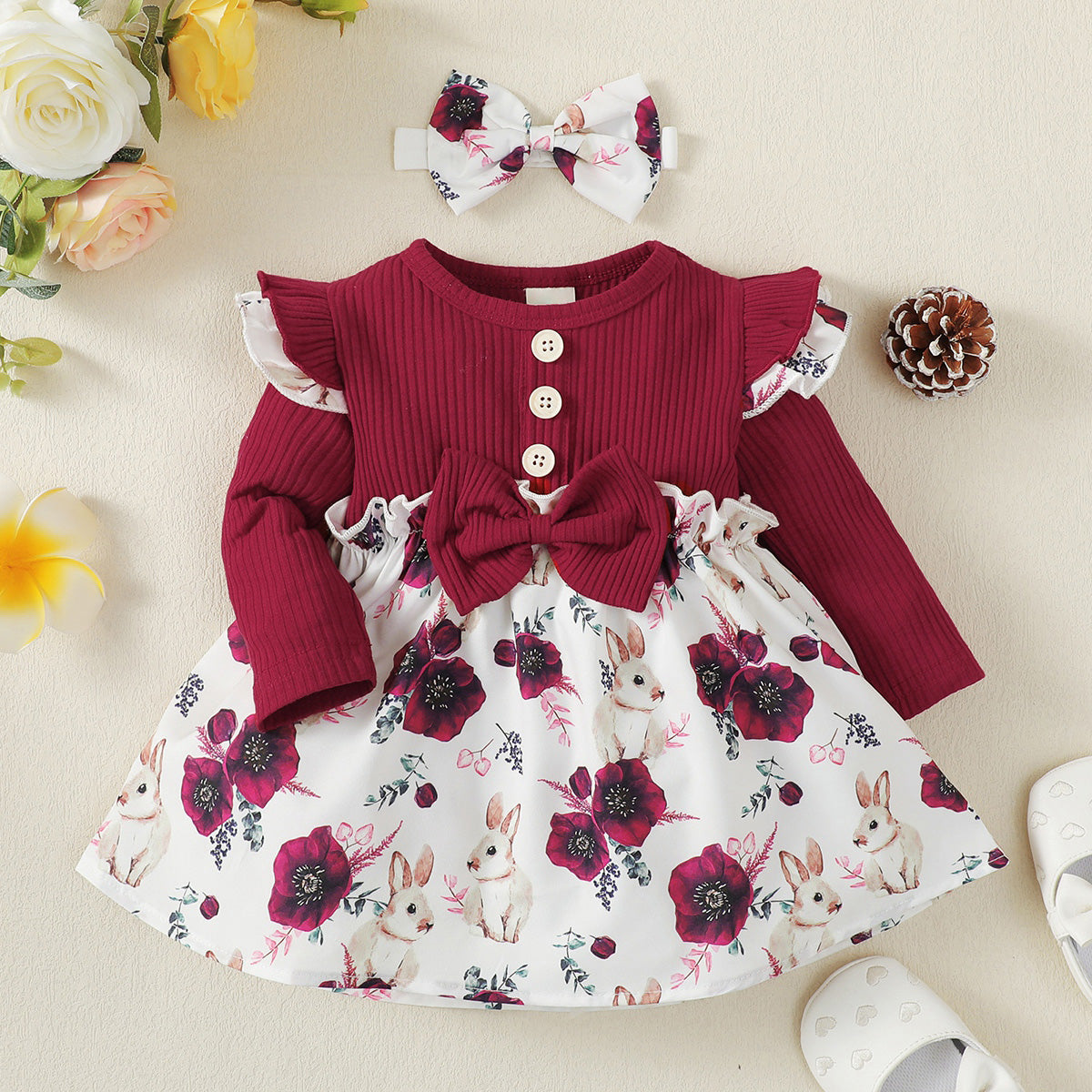 Baby Floral Bowknot Decor Long Sleeve Dress With Headband