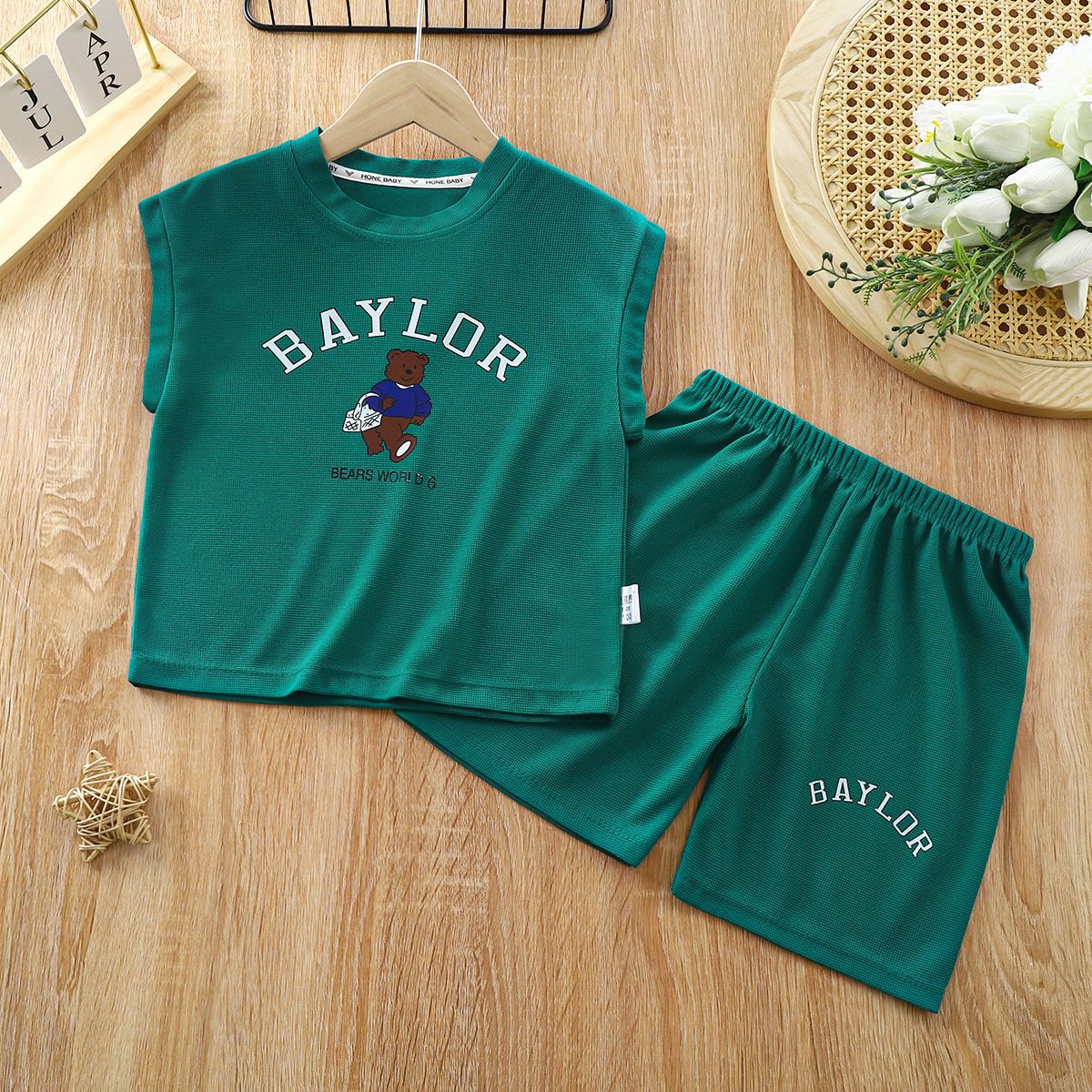 Children's vest suit new waffle top sleeveless shorts baby summer children's clothing