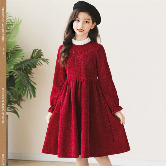 Autumn red temperament style lace long-sleeved dress for middle and large girls