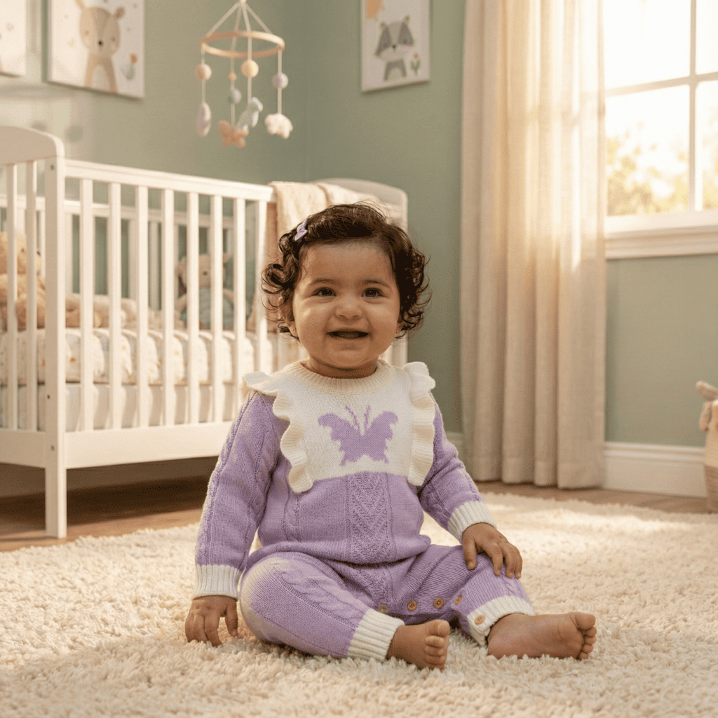 Sweet Butterfly Knitted Baby Girl Romper - Long Sleeve Ruffle Jumpsuit, Purple